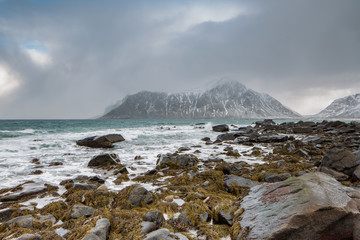 Fototapeta na wymiar Rocks falling into the sea near Skagsanden beach. Lofoten islands, Norway