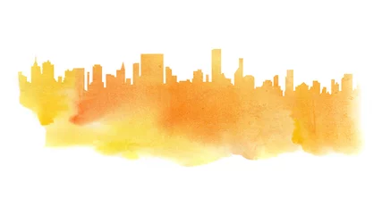 Foto op Plexiglas Aquarelschilderij wolkenkrabber  Modern cityscape yellow orange watercolor silhouette drawing.