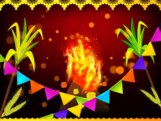 Holi festival celebration poster or flyer with bunting decoration, bonfire and sugarcane on brown background.