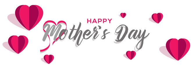 Paper heart balloons with stylish text of Mother's Day on white background. elegant header banner or poster design for Happy Mother's Day celebration.