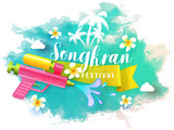 Songkran Festival on color splash transparent background, water festival celebration poster or flyer design.