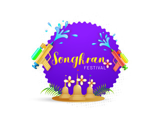 Stylish text of Songkran Festival poster or flyer design  on purple background with circular decoration of buddhist temple, beautiful flower and water gun.
