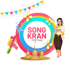 Happy girl character enjoying Songkran Festival, Songkran celebration poster or template design with color stroke circular background.