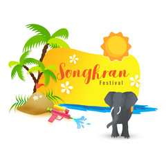 Water Festival of Songkran poster or flyer design with illustration of elephant, coconut tree and different element on white background.