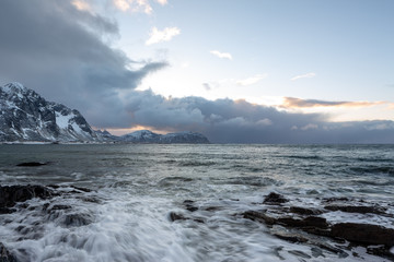 Beautiful rocky Vareid beach, Flakstadøya, Lofoten Islands, Norway
