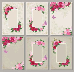 Vector illustration of greeting cards in floral frames on beige background with graphic pattern.