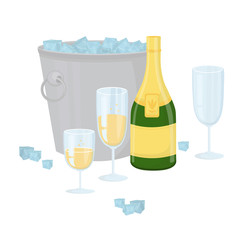 With objects: champagne, glasses, empty glass, ice bucket, ice. Design elements isolated on white.