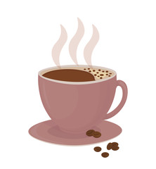 Pink Cup with hot coffee and coffee bean, Element for design isolated on white