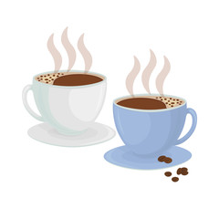 Two cups of hot coffee and coffee bean. Design, element isolated on white.