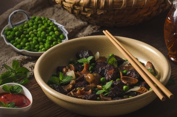 Homemade thai meat with forest mushrooms