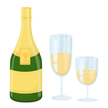 Vector illustration of a bottle and two glasses of champagne isolated on white background-vector.