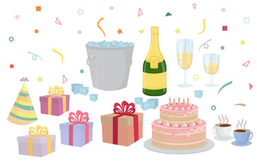 Holiday set for birthdays, weddings, anniversaries and other celebrations with objects: gift, cake, champagne, glasses, ice bucket, hat, coffee, confetti.