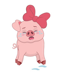 Fototapeta na wymiar Piggy cartoon sticker smiley sad crying pig with tears.