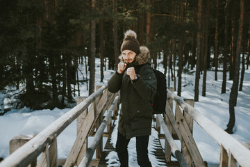 happy young boxer in winter park