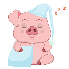 Cartoon cute pig sleeping in a night cap with a pillow.