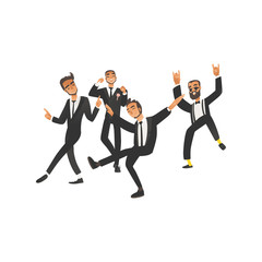 Dansing and happy groom and groomsman on wedding ceremony in flat cartoon style.