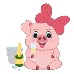 Cute cartoon piggy with a glass, a bottle of champagne and a bucket of ice