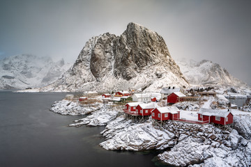 Beautiful traditional fishing red rorbuer huts in Hamnoy village, Lofoten Islands, Norway, Scandinavia