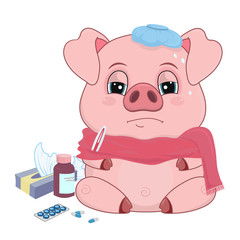 Ballroom pig in a scarf with a thermometer and medicines. Pig in cartoon style isolated on white background-vector.