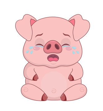 Piggy cartoon smiley sticker. Sad crying pig with tears.