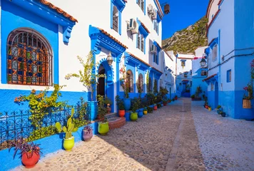 Zelfklevend Fotobehang Blauwe muren van de medina van de stad Chefchaouen in Marokko met heldere deuren en kleurrijke bloempotten met zonlicht. Een magische sprookjesstad met een hemelse kleur © dsaprin
