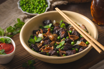 Homemade thai meat with forest mushrooms