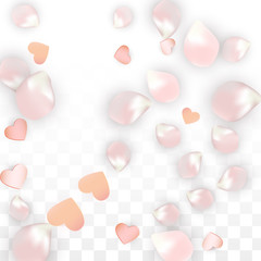 Vector Realistic Petals and Hearts Confetti. Flying Sakura and Hearts on Transparent Background. Wedding Invitation Background. Spring Romance Poster. Vector Illustration for Anniversary Design.