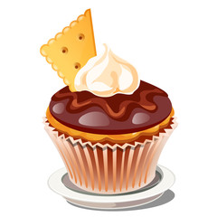 Cupcake with whipped cream and brown chocolate icing with the decoration of cookies isolated on a white background. Cartoon vector illustration close-up.