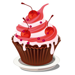 Sweet cupcake dessert in paper basket with whipped cream and pink berry topping with the decoration of ripe red juicy cherries isolated on a white background. Cartoon vector illustration close-up.