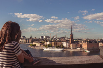Panoramic view of Riddarholmen, Gamla Stan, in the Old Town in Stockholm. View from Sodermalm.