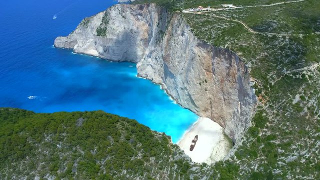 Spectacular view of the iconic Shipwreck beach in Navagio Bay, Zakynthos. 