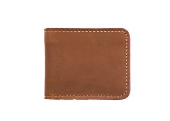 Brown genuine leather wallet accessory isolated on a white background. Top view, Clipping path