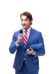 Elegant man with microphone isolated on white 