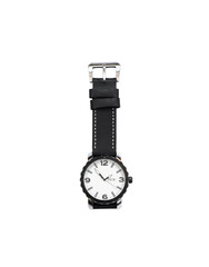 Luxury fashion watch with black dial and black leather watch band. top view, clipping path