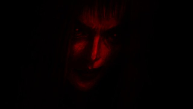Creepy witch girl face. Animation in genre of fantasy. Black and red colors.