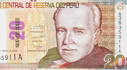 Peru currency 20 soles banknote. Peruvian money.