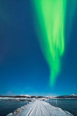 Strong aurora borealis over Harstad Narvik. Lofoten Islands, Norway, Scandinavia