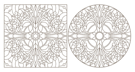 Set of contour illustrations with abstract floral patterns, round and square image, dark contours on white background