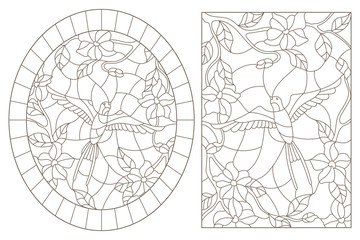 A set of contour illustrations of stained glass Windows with birds swallows on a background of flowers, oval and rectangular image