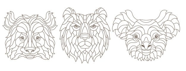 Set of contour illustrations of stained glass Windows with animal heads, Panda, Koala and brown bear, dark contours on white background