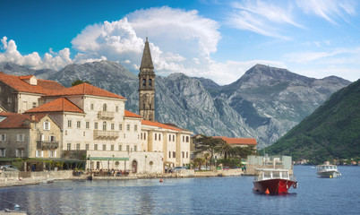 Perast village on a coast of Boka Kotor bay. Montenegro fjord, Adriatic sea, Europe.