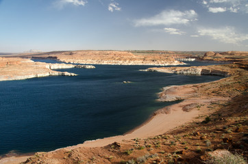 Lake Powell and Colorado River Landscape with the Glen Canyon Dam and Coal Fired Navajo Power Plant, Page, Arizona, USA