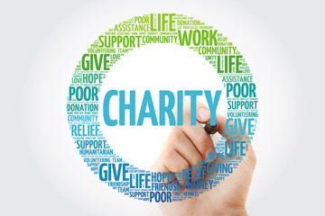 Charity word cloud collage with marker, concept background