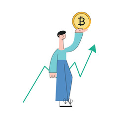 Vector smiling man bitcoin increase trend flat