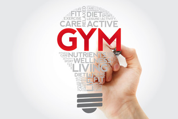 GYM bulb word cloud collage with marker, health concept background