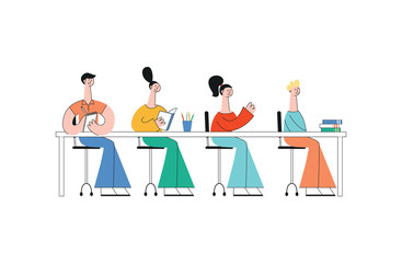 Vector teen students sitting at desk in class