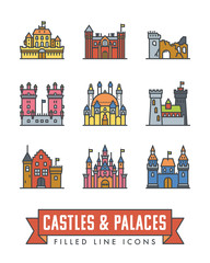 Castles, palaces and fortresses vector color icons. Set of 9 illustrations..