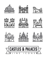 Obraz premium Castles, palaces and fortresses vector icons. Set of 9 illustrations.