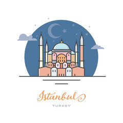 Hagia Sophia at Istanbul, Turkey, flat vector illustration