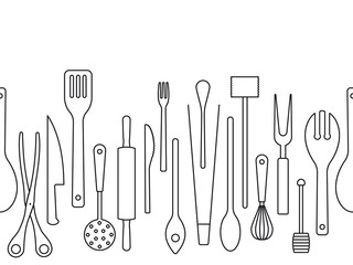 Cooking utensils outlines seamless border